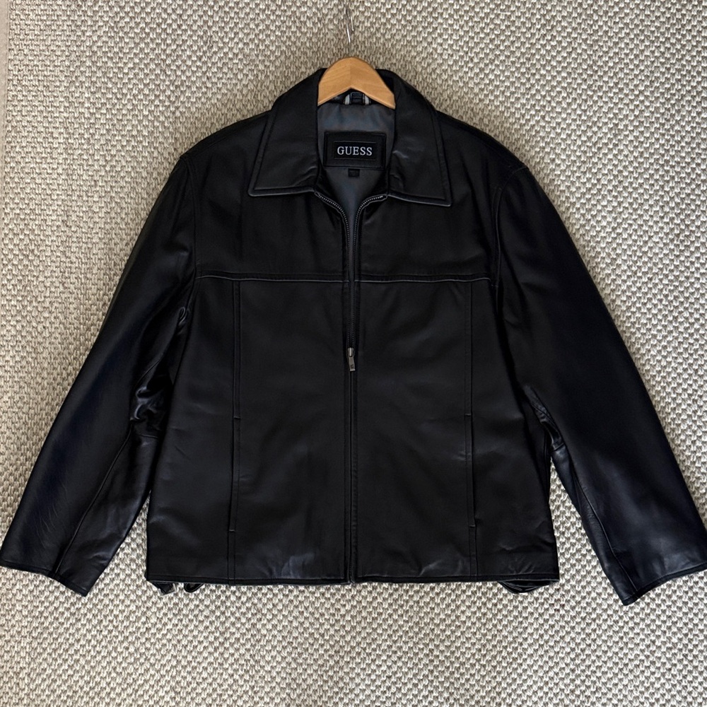 GUESS Black Leather Bomber Jacket